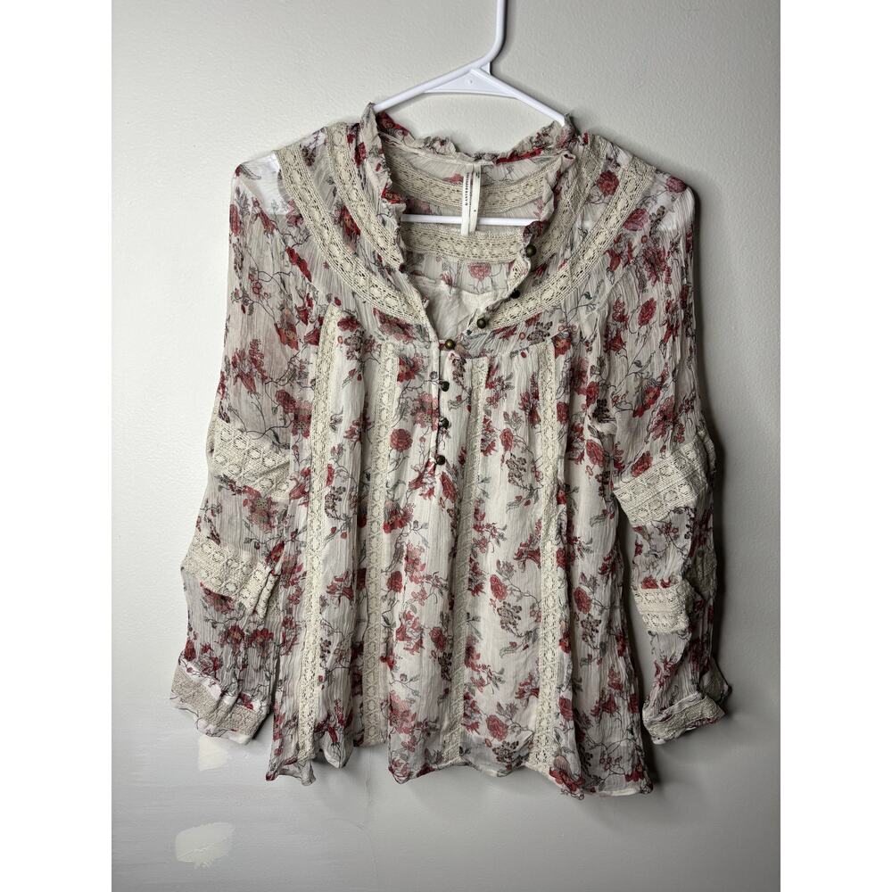 Anthropologie Boho Blouse tiny‎ floral crinkle chiffon lace trim poet sleeve S - Picture 8 of 14